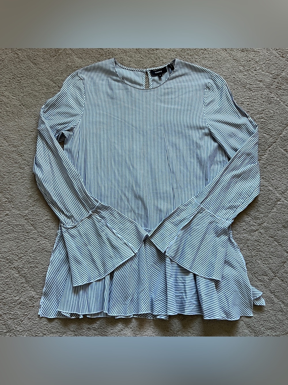 Theory Lexandra Bell Sleeve Peplum Blouse Striped Cotton Preppy Minimalist Sz M